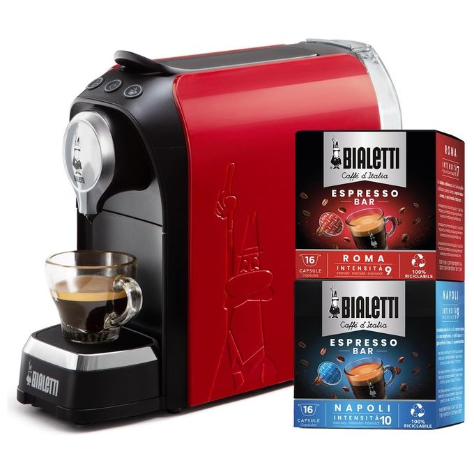 Bialetti, Macchina Caffe' a Capsule Super, Rosso con 32 Capsule Incluse
