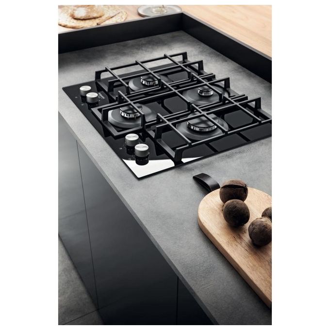 Hotpoint HAGS 61F-BK Piano Cottura a Gas in  Vetroceramica 4 Zone My Menu Flame Control 9 livelli di potenza Griglie in ghisa 60 cm Nero