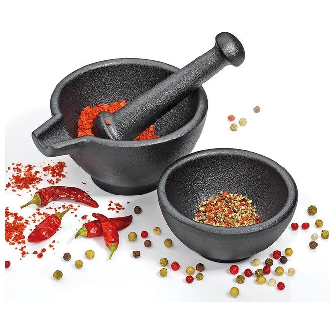 Zassenhaus M076073 Set Mortaio in Ghisa 3 Pezzi Diametro 10 cm e 8,5 cm con Ciotola e Pestello colore Nero