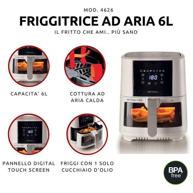 Ariete 4626 Air Fryer - Friggitrice ad aria 6 Lt 1300 W 8 programmi preimpostati display touch digitale tecnologia Hot Air Bianco