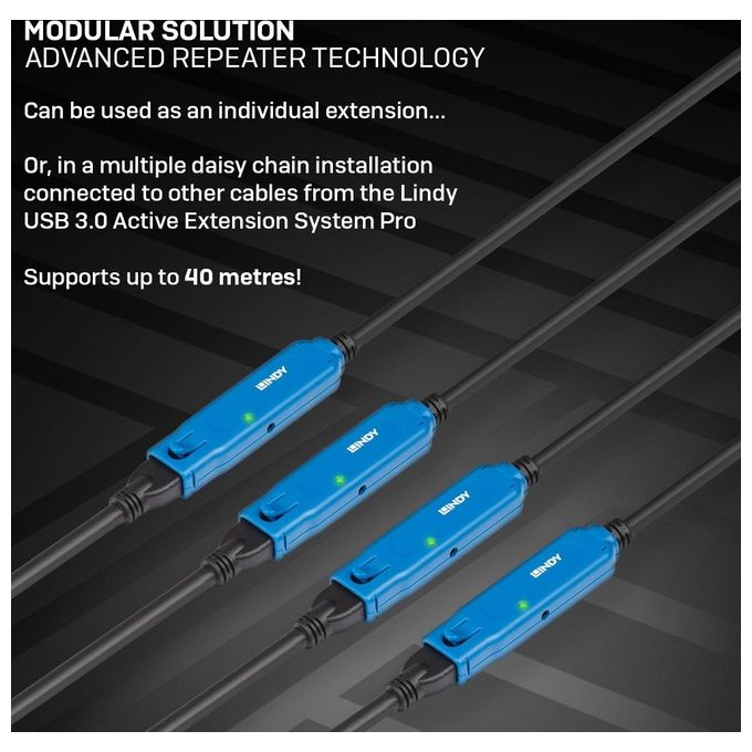Lindy Prolunga Attiva Usb 3.0 10mt Nero