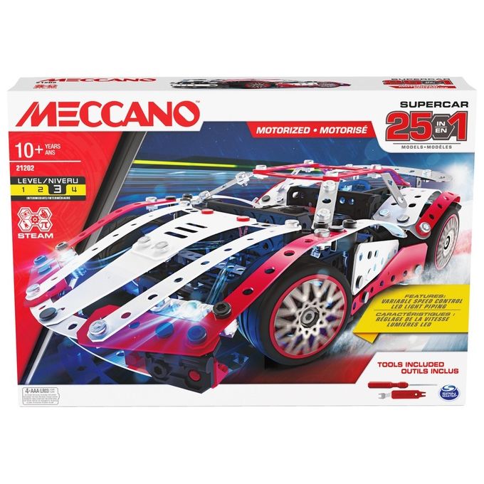 Meccano Multimodello da 25 Supercar Motorizzata Kit Di Costruzioni con 347 Pezzi Attrezzi e Fari Funzionanti