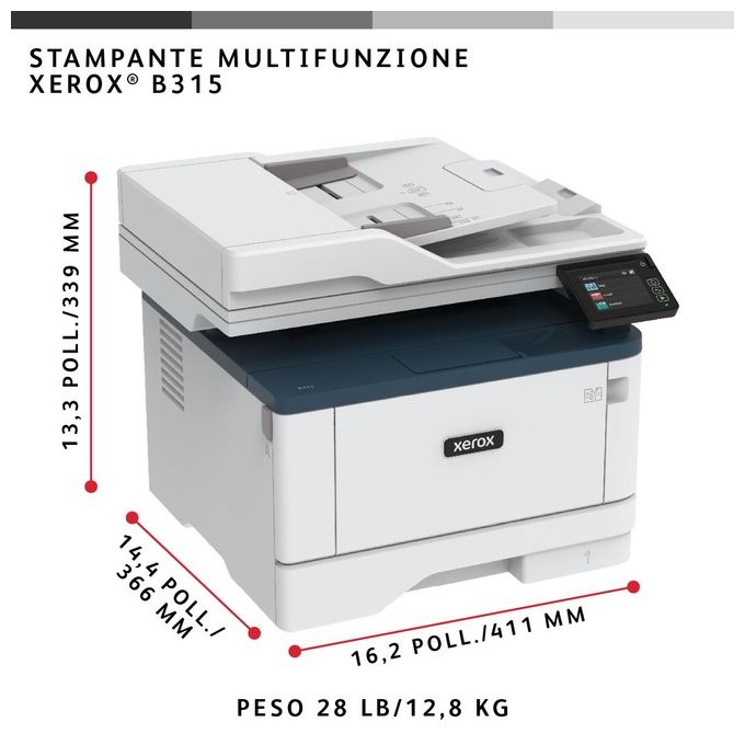 Xerox Stampante B315 Multifunzione Laser A4 B-N Copia, Stampa, Scansione, Fax, 40ppm, Wi-Fi, Stampa Fronte-Retro