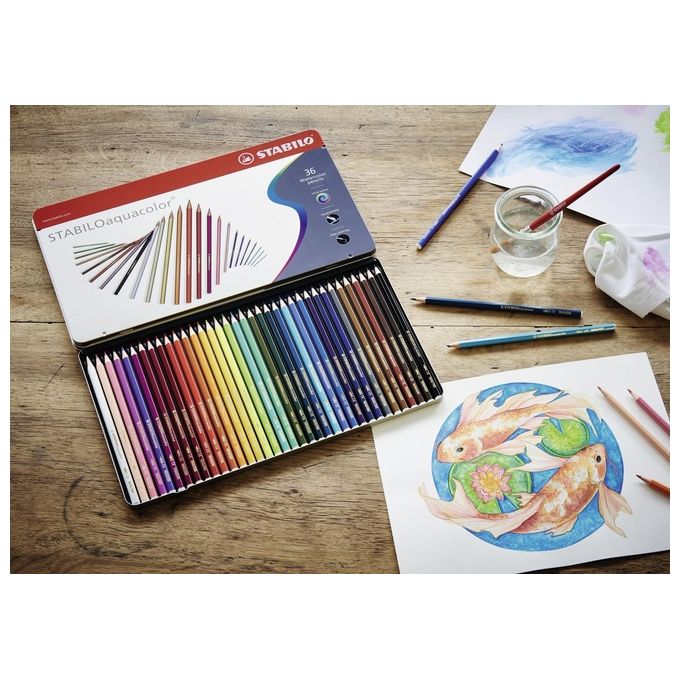 Matita colorata acquarellabile - STABILOaquacolor - Scatola in Metallo da 36 - Colori assortiti