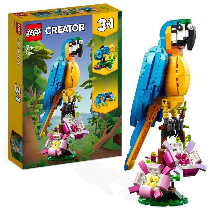 LEGO Creator 31136 Pappagallo Esotico 31136-LEGO Set 3 in 1 con Pesce e Rana Animali Giocattolo Giochi Creativi per Bambini da 7 Anni