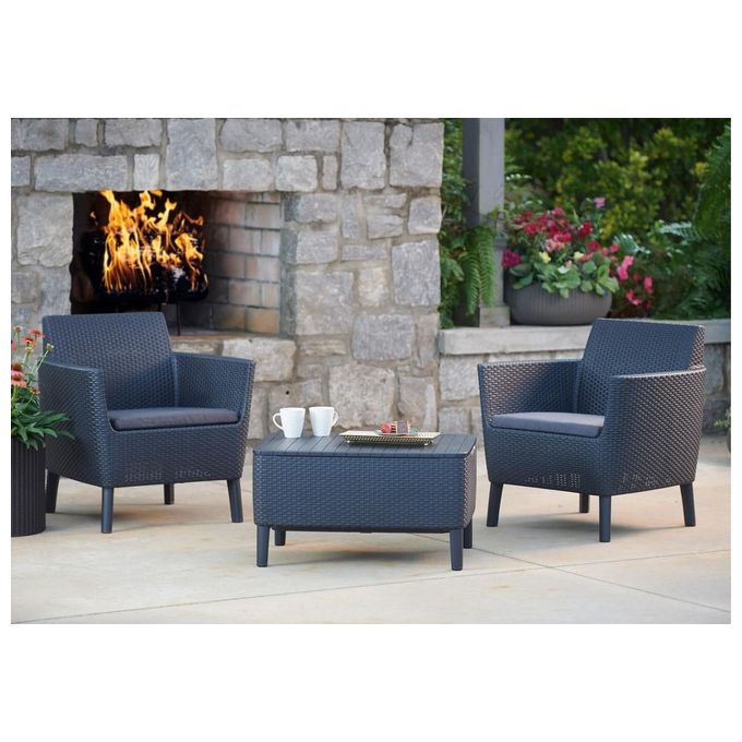 Keter Salemo Balcony Set Cuscini Poltrone 79X66,5X76H Tavolo Contenitore 76,5X56,5X41,5H Flat Wicker 7 mm Grafite