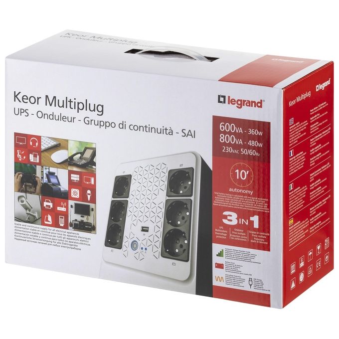 Legrand UPS BTicino 310082 Gruppo di Continuita' New Keor Multiplug con Caricatore USB 800 VA-480W 6 Prese Multistandard