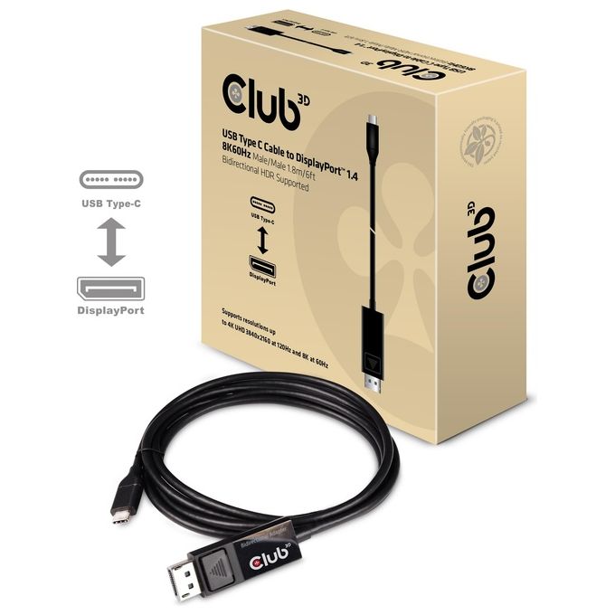 Club3d CAC-1557 Cavo Adattatore Usb 3D da Tipo C a DisplayPort 8K 60Hz HDR 1.8mt Nero