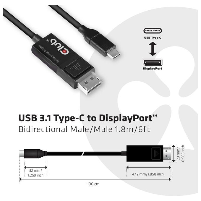 Club3d CAC-1557 Cavo Adattatore Usb 3D da Tipo C a DisplayPort 8K 60Hz HDR 1.8mt Nero