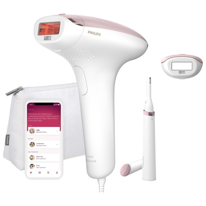 Philips Lumea Advanced BRI920 - Epilatore luce pulsata IPL, 5 livelli di intensita', testina corpo 4 cm² + testina sopracciglia, utilizzo su corpo e bikini, alimentazione da rete, sensore pelle, filtro UV, Colore bianco-rosa
