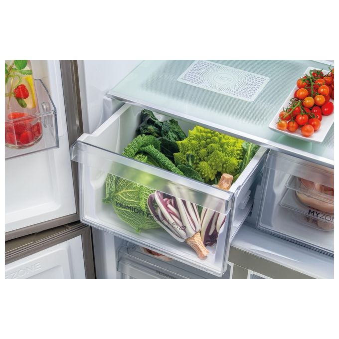 Haier HCR5919ENMM Frigorifero Americano Side by Side 643 Litri Classe E No Frost colore New Platinum Inox Cube 90 Serie 5