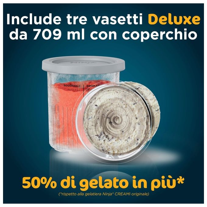 Ninja CREAMi Deluxe NC501EU - Gelatiera turbina elettrica con compressore, capacita' 2,1 L, potenza 800 W, 3 vaschette da 709 ml, 10 programmi (gelato, sorbetto, frappé…), funzione CREAMify, timer digitale, pezzi lavabili in lavastoviglie, Nero-Grigio
