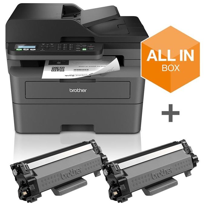 Brother MFCL2827DWXLRE1 Stampante Multifunzione laser 4 in 1 (Print, Scan, Copy, Fax) a 32 ppm. 128 MB. ADF da 50 pagine. Duplex automatico. Scansione simplex. Display LCD da 2 righe. Fast Ethernet e WiFi. 250 pagine cassetto std - Slot alimentazione ma
