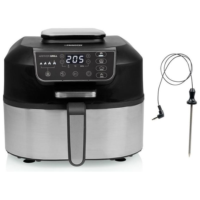 Princess 182092 Grill Aerofryer - Friggitrice ad aria 5,6 L, 1760 W, Grill integrato, Display digitale, Tecnologia di circolazione dell'aria calda, Nero-Inox