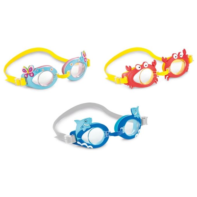 Intex Fun Goggles 55610 – Occhialini da nuoto per bambini 3–8 anni, design animali assortiti, lenti antigraffio e UV, cinturino regolabile