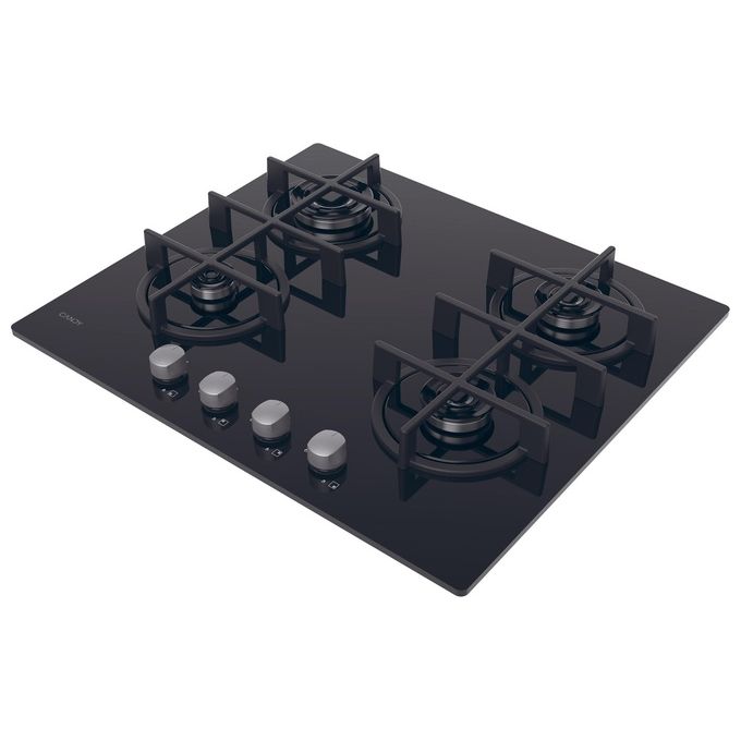 Candy CVG6B New Timeless GOG Piano Cottura a Gas su vetro 4 zone Manopole Timeless Griglie in ghisa 60 cm 4 livelli di potenza Nero
