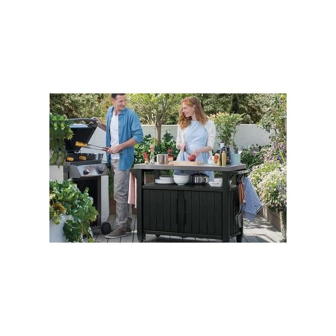 Keter tavolino in resina per BBQ con due ruote e due ante 123,70x54x90h UNITY XL grafite