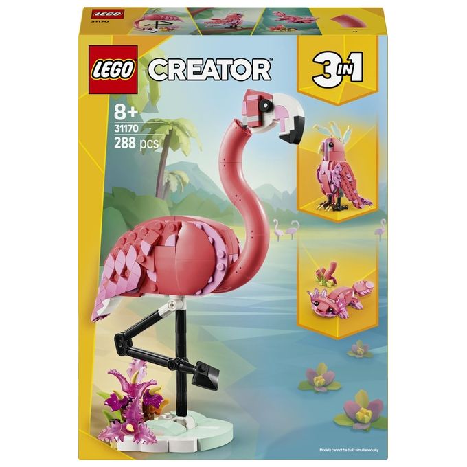 LEGO Creator 3 in 1 Animali Selvatici: Fenicottero Rosa Giocattolo - Si Trasforma in Uccello Cacatua o in Axolotl - Animali da Costruire per Bambini e Bambine da 8 Anni - Regalo di Compleanno 31170