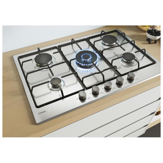 Candy CHW74WX – Piano cottura a gas 5 zone, (75 cm), Acciaio Inox