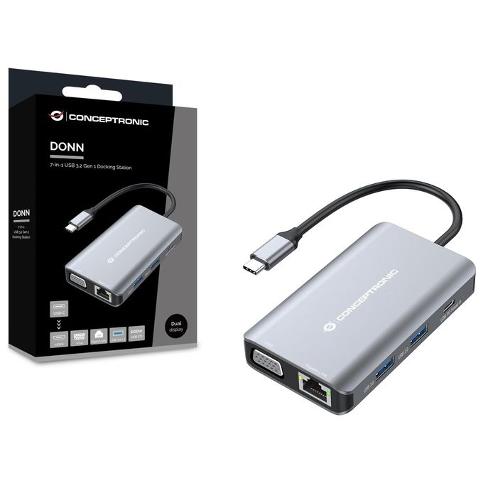 Conceptronic DONN21G Replicatore di Porte e Docking Station per Laptop Cablato USB 3.2 Gen 1 Type-C Grigio