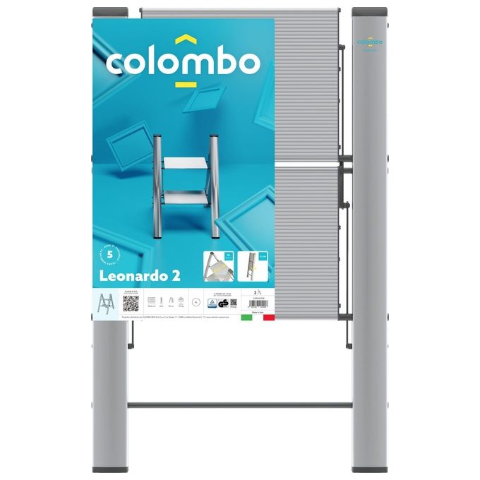 Colombo Sgabello Scala LEONARDO 2 gradini in alluminio anodizzato,ultrasottile,ultrapiatto,Silver, portata max 150kg EN14183 Made in Italy