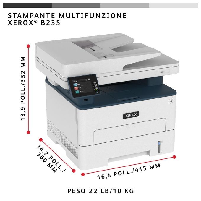 Xerox B235 Multifunzione Laser A4 Copia Stampa Scansione Fax 34ppm Bianco e Nero, Wireless con Stampa Fronte Retro, Pannello Touch a Colore