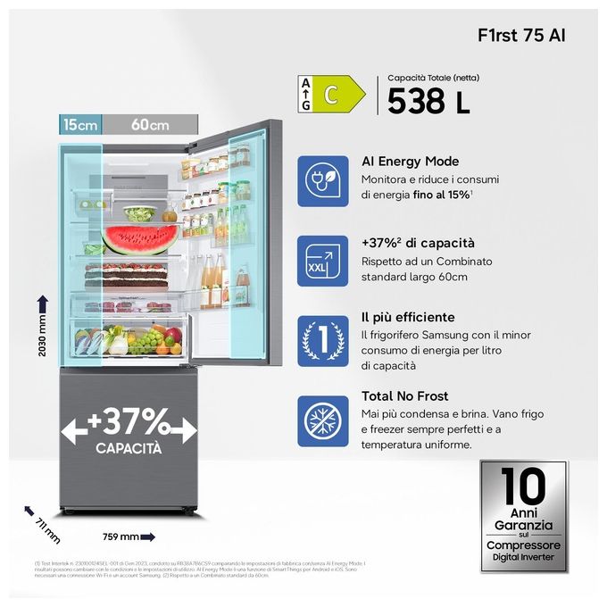 Samsung RB53DG706CS9 Frigorifero Doppia Porta Libera Installazione 538 Litri Classe Energetica C Metallico-Acciaio Inossidabile