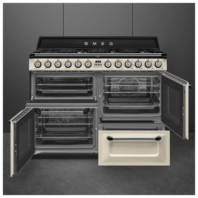 Smeg TR4110P1 Cucina a Gas con Forno Elettrico Multifunzione Termoventilato + Ventilato Estetica Victoria 7 Fuochi Griglie in Ghisa Classe energetica A Vapor Clean 110x60 cm Panna