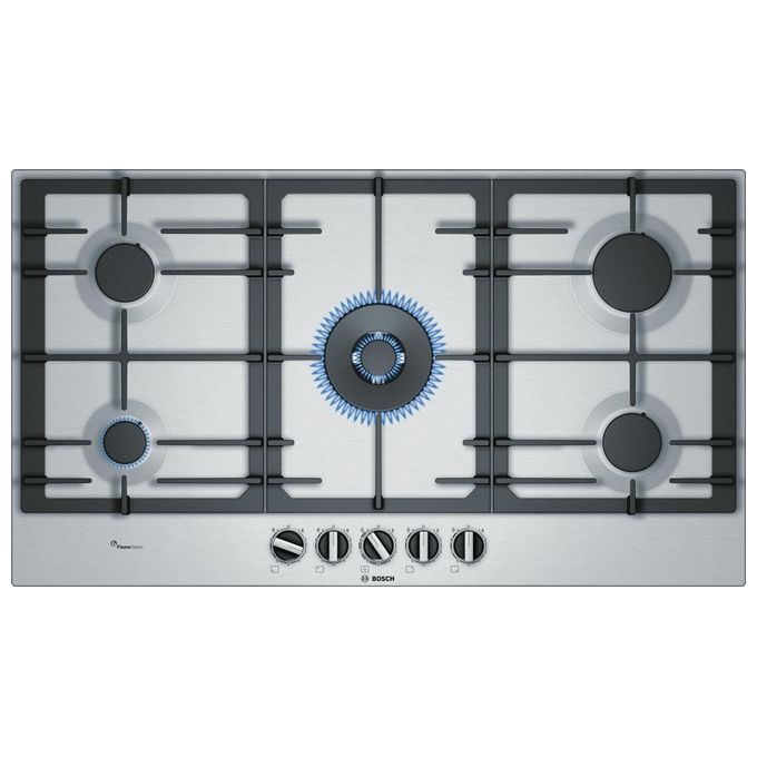 [ComeNuovo] Bosch Serie 6 PCR9A5B90 Piano cottura a Gas 5 Fuochi (4+1 Wok) Griglie in Ghisa FlameSelect 90 cm Inox