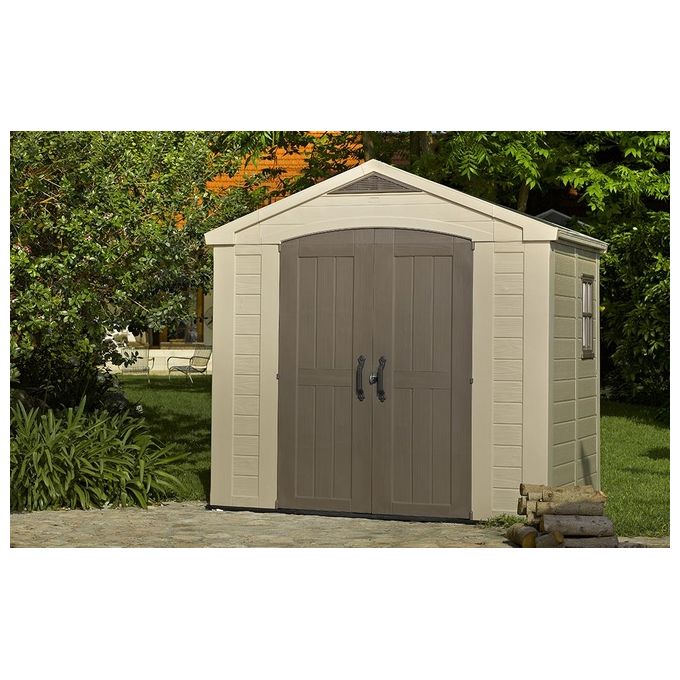 Keter K209871 Factor Casetta da Giardino in Resina 256.5x182x243 cm Pavimento Incluso 2 Mensole colore Beige