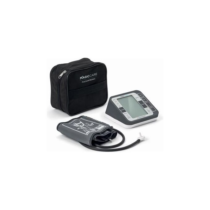 Magic Care Pulsartronic SFG60 - Misuratore di pressione da braccio, oscillometrico, display digitale, memoria 60 letture, funzioni: rilevazione aritmie - indicatore OMS - ora e data, alimentazione a batterie, con custodia e bracciale, colore grigio-bianco