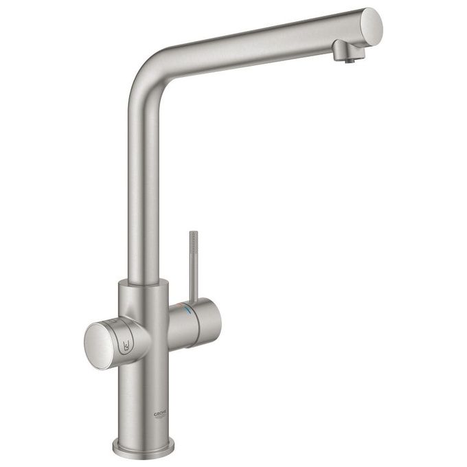 Grohe 31 454 DC1 SUPER STEEL Blue Home Rubinetto per Lavello Cucina Bocca a L Satinato e Filtro Acqua Incluso