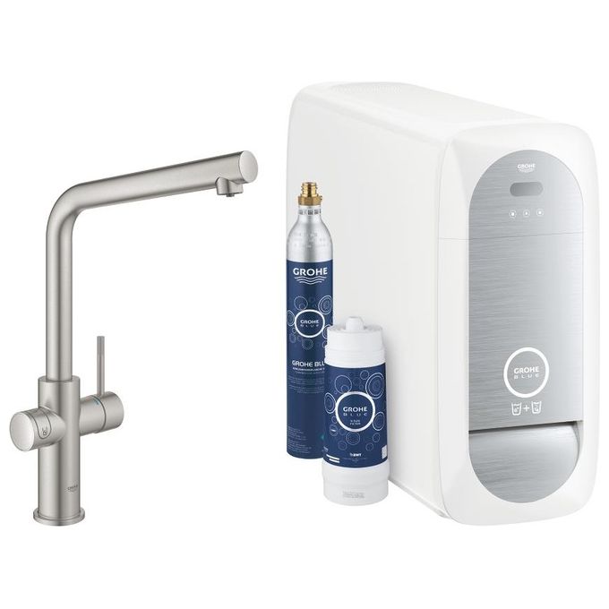 Grohe 31 454 DC1 SUPER STEEL Blue Home Rubinetto per Lavello Cucina Bocca a L Satinato e Filtro Acqua Incluso
