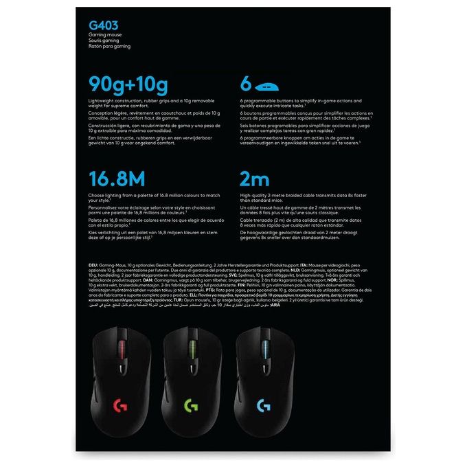 Logitech G403 HERO 16K, mouse gaming, LIGHTSYNC RGB, leggero 87 g + 10 g opzionale, cavo intrecciato, 16.000 DPI