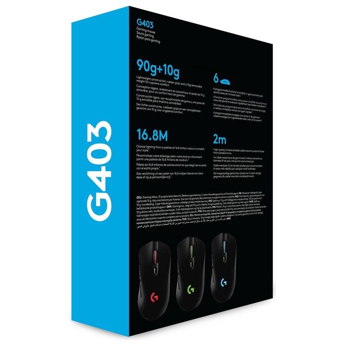 Logitech G403 HERO 16K, mouse gaming, LIGHTSYNC RGB, leggero 87 g + 10 g opzionale, cavo intrecciato, 16.000 DPI