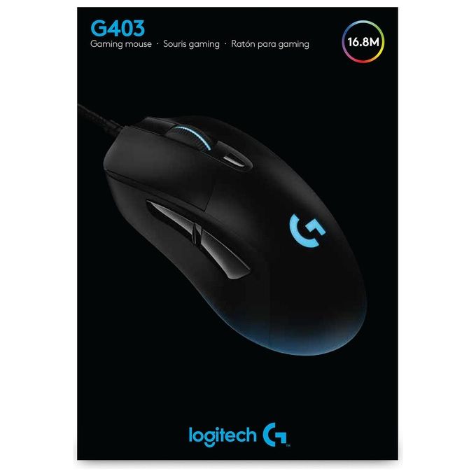 Logitech G403 HERO 16K, mouse gaming, LIGHTSYNC RGB, leggero 87 g + 10 g opzionale, cavo intrecciato, 16.000 DPI