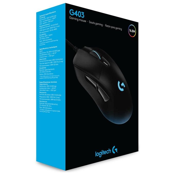 Logitech G403 HERO 16K, mouse gaming, LIGHTSYNC RGB, leggero 87 g + 10 g opzionale, cavo intrecciato, 16.000 DPI