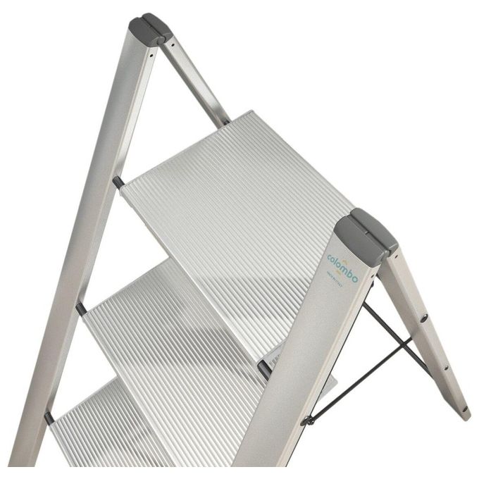 Colombo Sgabello Scala Leonardo 3 Gradini in Alluminio Anodizzato Ultrasottile e Ultrapiatto Silver Portata Max 150kg EN14183 Made in Italy