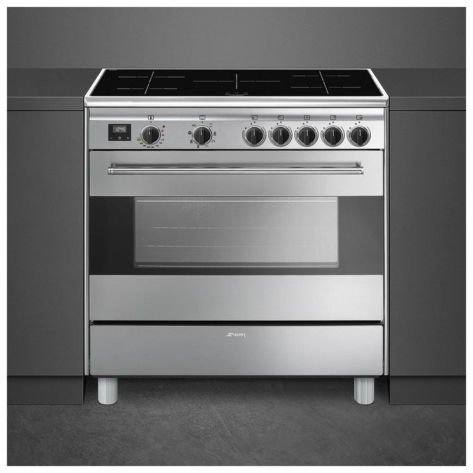 Smeg BG91IX9-1 Cucina con Piano a Induzione e Forno Elettrico Termoventilato Multifunzione Estetica Classica 5 Zone Classe energetica A Vapor Clean 90x60 cm Acciaio Inox