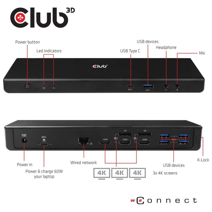 Club3D CSV-1562 Replicatore di Porte e Docking Station per Notebook Usb 3.2 Gen 1 Type-C Nero