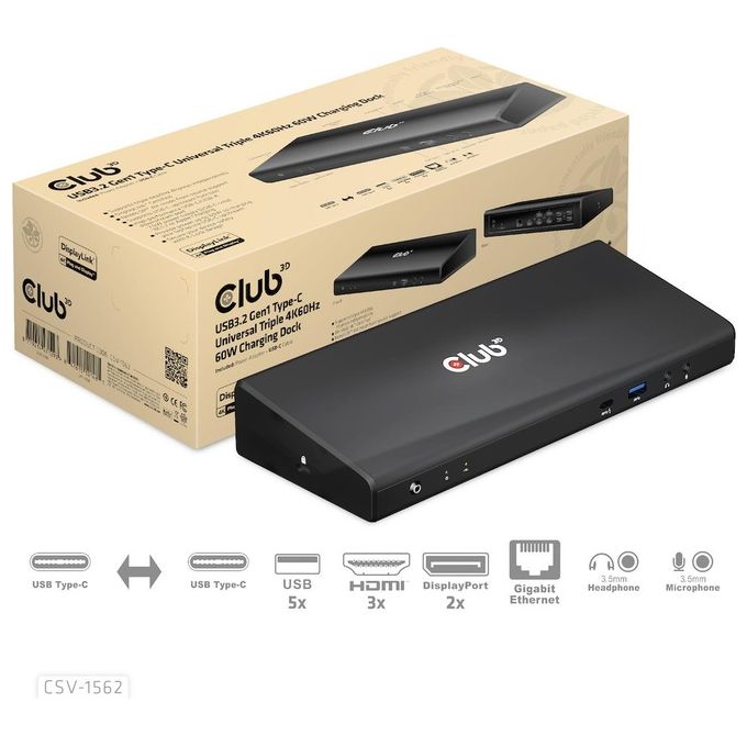 Club3D CSV-1562 Replicatore di Porte e Docking Station per Notebook Usb 3.2 Gen 1 Type-C Nero