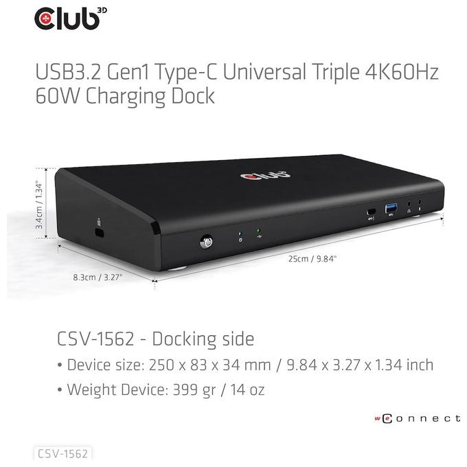 Club3D CSV-1562 Replicatore di Porte e Docking Station per Notebook Usb 3.2 Gen 1 Type-C Nero