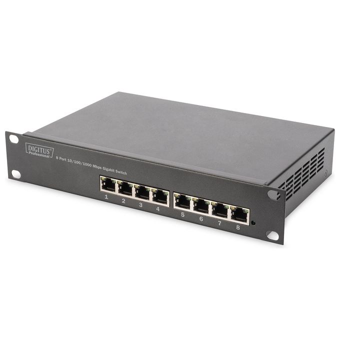 Digitus Armadio Rack 9 Unita 10'' con 1 Ripiano Multipresa Switch di Rete 8 Porte Gigabit Pannello Patch 8 Porte 10 Cavi Rete Grigio