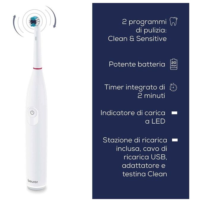 Beurer TB 30 - Spazzolino elettrico oscillante-rotante, 2 modalita' (Clean, Sensitive), timer da 2 min, autonomia 20 giorni, ricaricabile con stazione induttiva + USB, testina Clean inclusa, sensore di pressione, display LED, Bianco