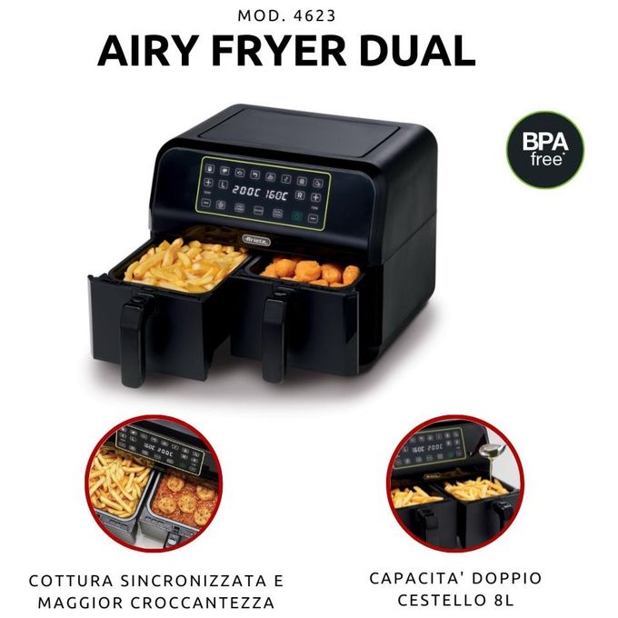 Ariete 4623-00 Friggitrice ad Aria 8 Litri Potenza 1700W con Doppio Cestello colore Nero Airy Fryer Dual