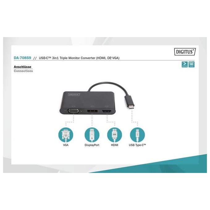 Digitus adattatore usb-c tre porte display port-hdmi-vga