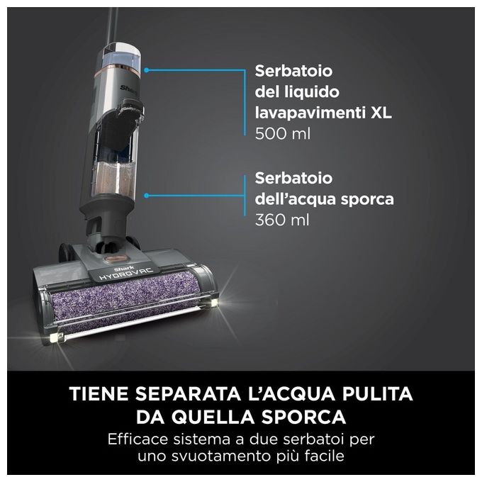 Shark WD210EU HydroVac Aspirapolvere e Lavapavimenti senza filo con Spazzola Antimicrobica e Liquido Multisuperficie Grigio