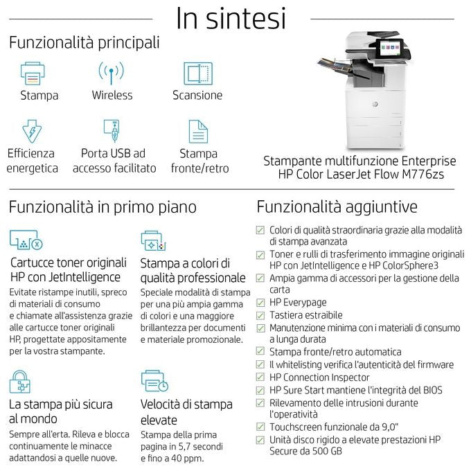 HP Color Laserjet Enterprise Flow M776zs Stampante Multifunzione Laser A3 1200x1200 Dpi 45 Ppm Wi-fi