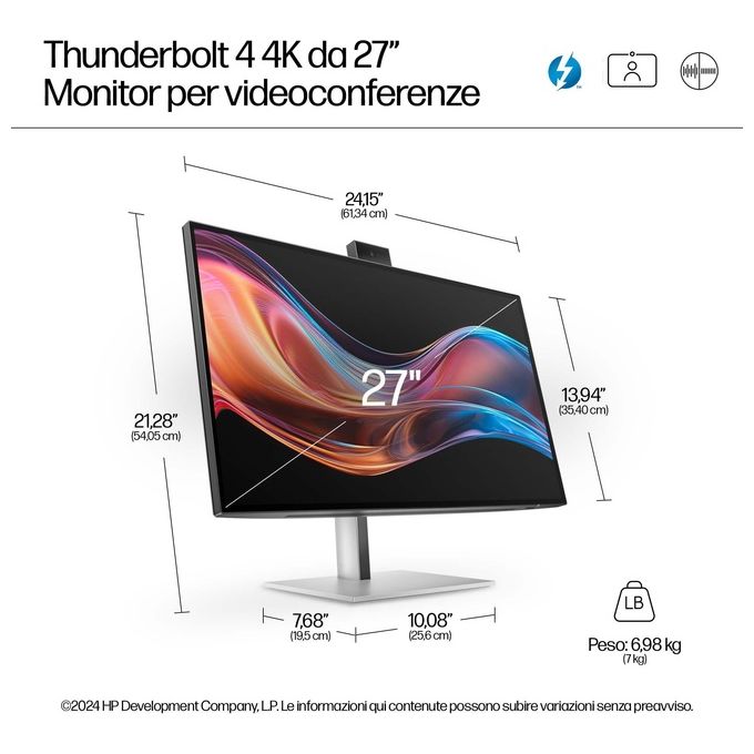 HP Monitor Serie 7 Pro 4K per Videoconferenze da 27'' 727pm