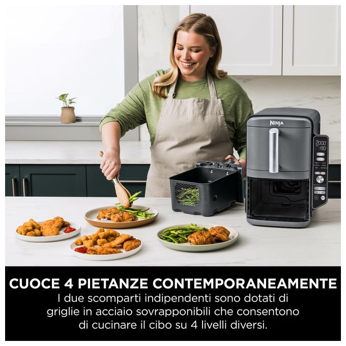 Ninja friggitrice ad aria Double Stack XL, 9.5L, doppio cassetto, 4 livelli di cottura, 6 funzioni, 2470W, 8 porzioni, grigio